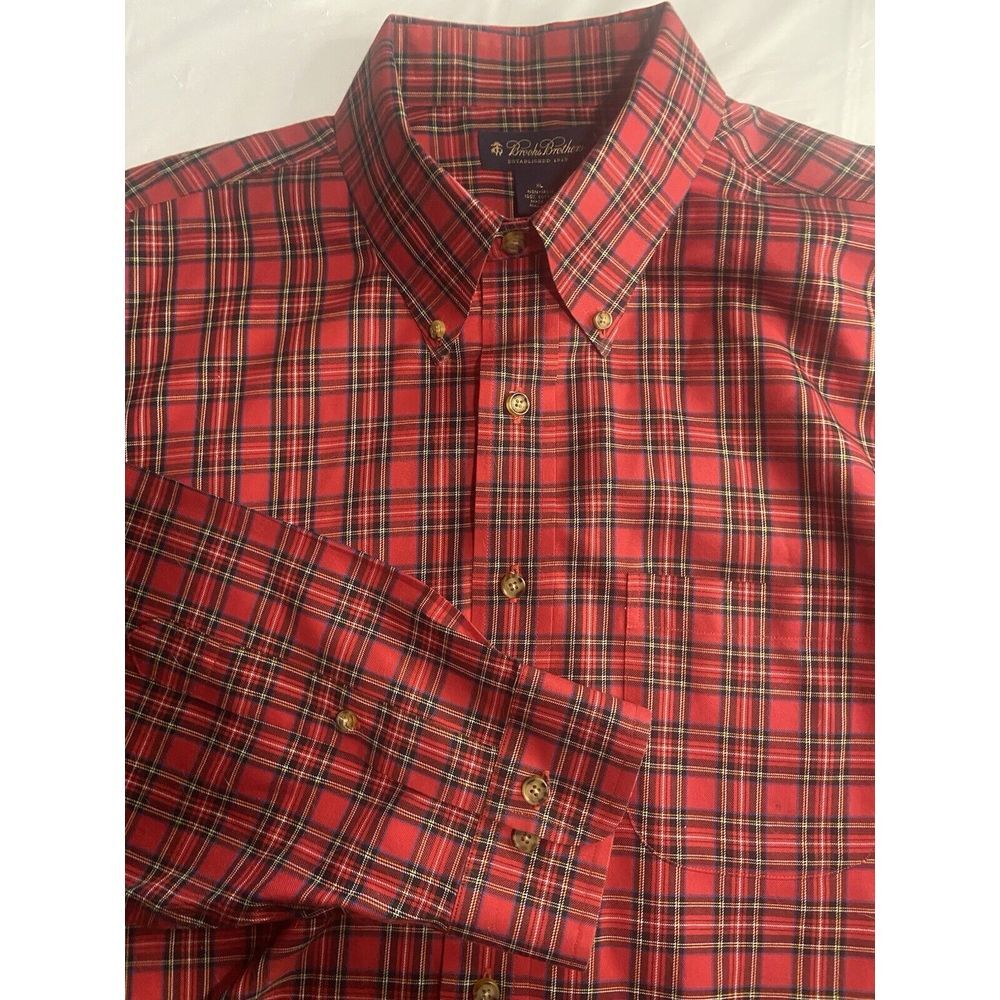 Men's Brooks Brothers Red Plaid No-Iron 100% Cotton Long Sleeve Shirt-Size XL